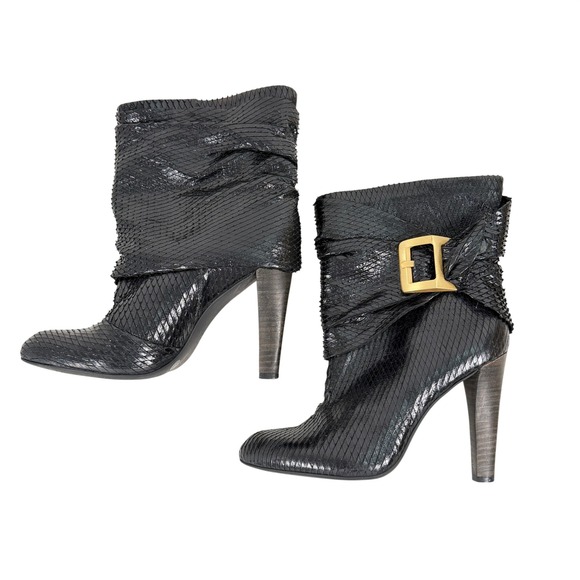 BCBGMaxAzria Shoes - BCBGMAXAZRIA‎ Black Snakeskin Genuine Leather Ankle Boots Gold Buckle 7